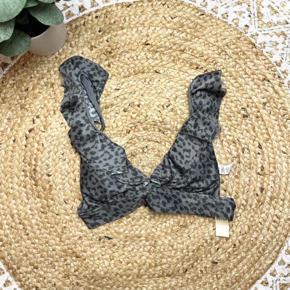 Aerie Ruffled Triangle Bikini Top Grey Leopard Small NEW